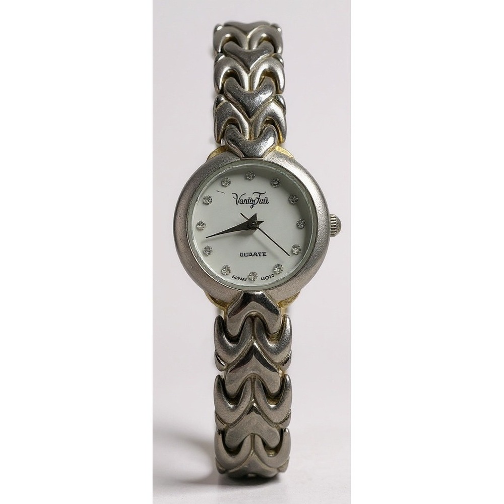 Womens Pearl Dial Vanity Fair VFW535 Quartz Silver Tone Band W/Gold Accent Watch